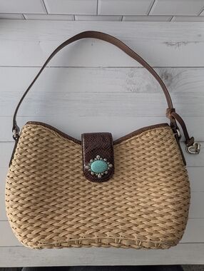 Brighton woven straw handbag with turquoise stone shoulder bag